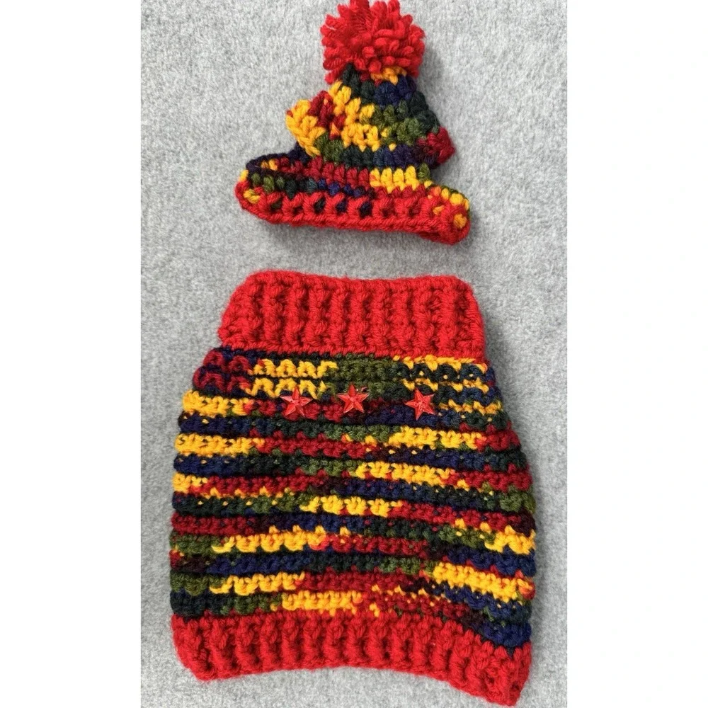 Dog Sweater & Hat Set XS/S Red Multicolor Variegated Hand Crocheted